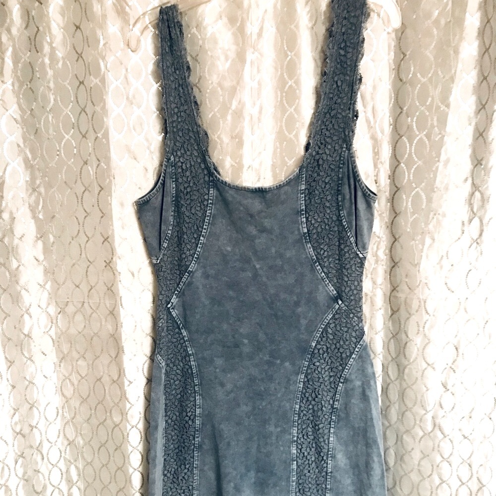 Free People BodyCon Tank Dress Blue/Grey w/ Lace Inlay Stone Wash Cotton/Spandex - Picture 6 of 14